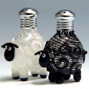  Black & White Sheep Art Glass Salt & Pepper Shakers 