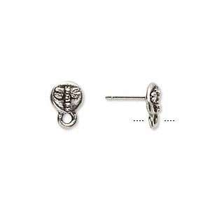10728 Earstud, antiqued silver plated pewter, 7mm dragonfly with loop 