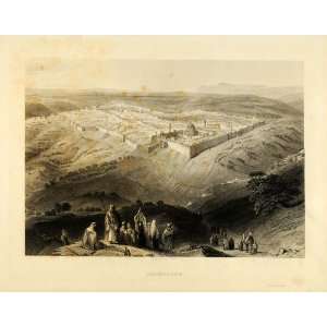 1849 Copper Engraving Jerusalem Israel Holy City Islam Christianity 