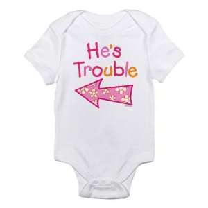  Hes Trouble Pink Girl Twin Baby Onesie   Size 12 18 Months Baby