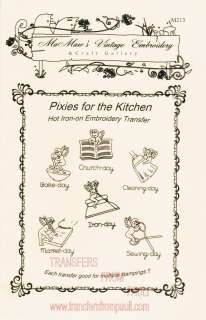 Kitchen Pixies for Tea Towels Hot Iron Embroidery Transfers  