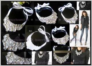 New Handcrafted White Rhinestone Crystal Ribbon Bib Necklace item #049