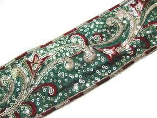 Green Fabric Maroon Gold Embroidery Sequin Trim 3 Yard  
