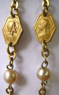 ART DECO ROSARY TINY GOLD MEDALS GLASS PEARL BEADS 1920  