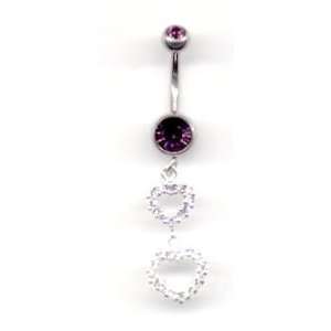    Double Jeweled Navel Bar with Love LinkPendant in Amethyst Jewelry