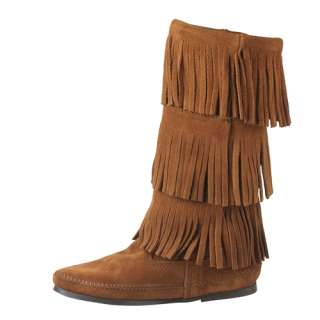  Moccasin Womens Boots Calf Hi 3 Layer Fringe Boot Brown 1632  
