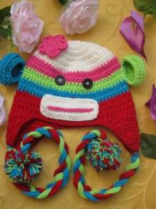 Girls dark Multi colored monkey hat crochet hat newborn 5yrs (Matching 