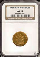 1834 $5 Gold Classic NGC AU 58 Rare  