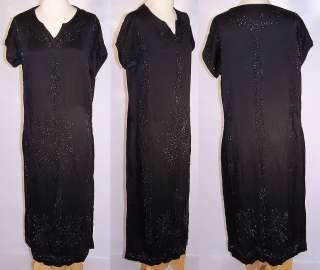   Art Deco Flapper Black Silk Crepe Beaded Straight Shift Dress  