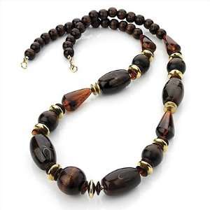   Brown Resin & Wood Bead Necklace (Gold Tone)   80cm Length Jewelry