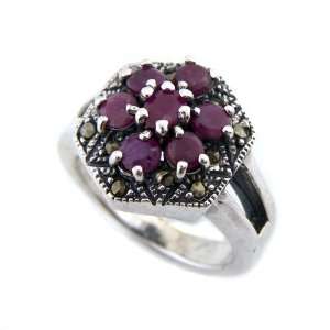  Genuine Red Ruby Marcasite 925 Silver Ring Jewelry