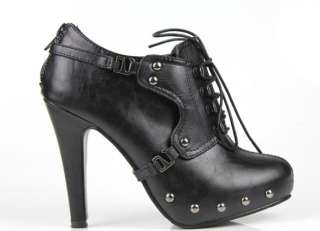   Studded Lace up Back Zipper High Heel Black Shoes Ankle Boots 1k