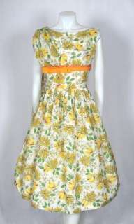 VINTAGE 1950s YELLOW FLORAL Summer Garden Party Dress SHOULDER SASH 
