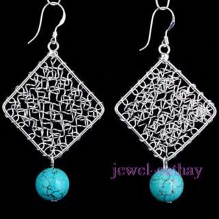 New Round Turquoise Beads Silver Plated Dangle Earrings  