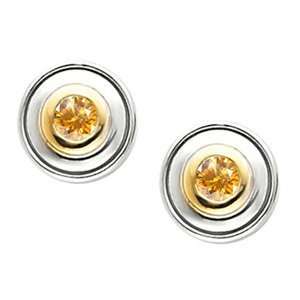 Timeless Bezel Set 14K White Gold Stud Earrings with Orange Yellow 