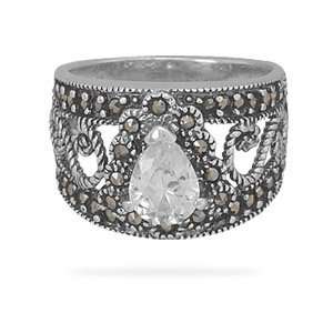  Filigree Marcasite and Pear CZ Ring 