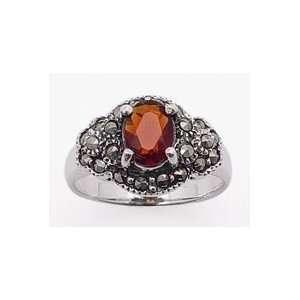 Ladies Garnet with Prong Setting and Swiss Marcasite Sterling Silver 