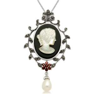  Sterling Silver Garnet and Round Marcasite Cameo Pendant 