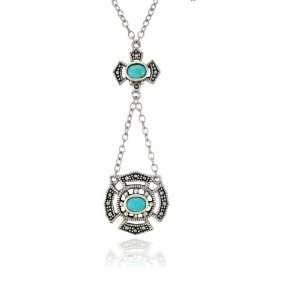   Silver Marcasite and Lab Created Turquoise Oval Drop Necklace Jewelry