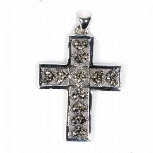  Sterling Silver Abstract Heart Pattern Cross Marcasite Pendant