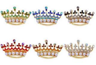 W25688 6p Crown Imitate Pearl Rhinestone Brooches Pins  