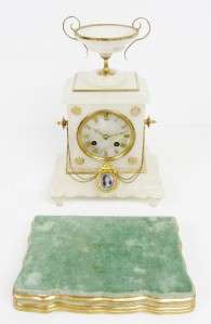 ANTIQUE JAPY FRERES FRENCH WHITE MARBLE & GILT METAL MANTEL CLOCK ON 