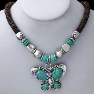 Tibet silver butterfly turquoise bead chaplet necklace  