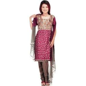  Purple and Gray Anarkali Tusser Suit with Embroidered 