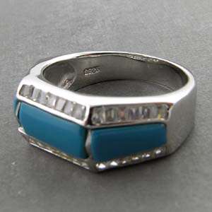 GMS LOVELY TURQUOISE AND WHITE CZ SILVER RING SZ10 FS  