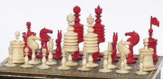 complete antique Victorian stained bone ornate chess set  