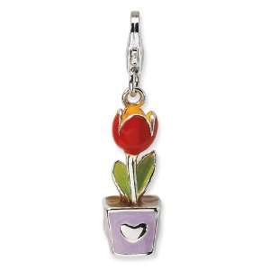   Silver 3 D Red Enamel Potted Tulip Flower w/Lobster Clasp Charm
