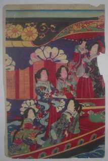 1880 Japanese Woodblock Print Triptych Of Beauties On the Ship  