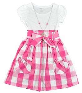   Up Girls Pink & White Plaid Dress W/Necklace Size 7/8 10/12 14/16 $30