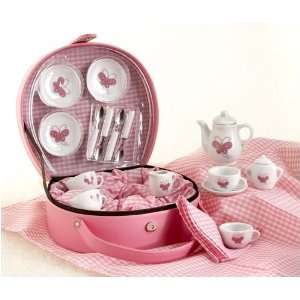   Butterfly Porcelain Toy Tea Set in Pink Carry Case Toys & Games