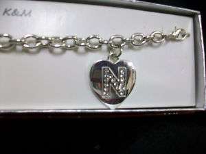 Initial Bracelet In Silvertone With Crystals, Letter N  