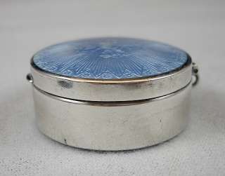 ANTIQUE STERLING SILVER AND BLUE GUILLOCHE ENAMEL BOX COMPACT PILLBOX 