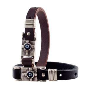  Mens Evil Eye Leather Bracelet with Cross Charm   Brown 