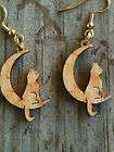 Natural Wood Laser cut Cat Sitting on the Moon Earrings