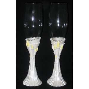  Pearl White Castle Toasting Glasses with Yellow Accents 