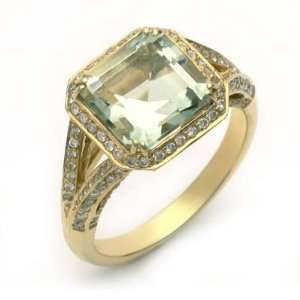  Certified 18k Yellow Gold Green Amethyst and Diamond Ring 