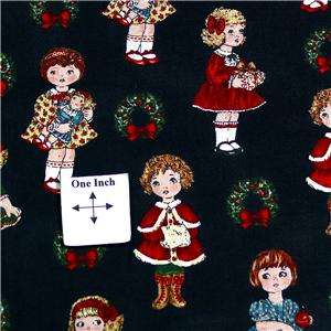 Windham Cotton Fabric, Bright Christmas Dolls on Black, Applique or 