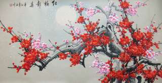 ORIENTAL ASIAN ART CHINESE PAINTING RED PLUM BLOSSOMING  