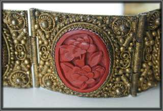 Antique CHINESE VERMEIL FILIGREE CARVED CINNABAR LACQUER BRACELET Gold 