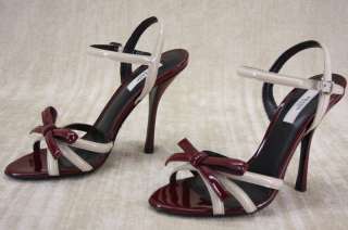 NIB Prada Bi Color Burgundy beige Patent Bow Sandals Heels 36.5 6.5 