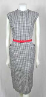 VTG 50s 60s B&W COTTON GINGHAM WIGGLE SUMMER DRESS w POCKETS & BOW 