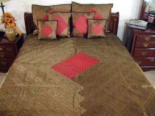 7p Burgundy Brocade Designer Sari Bedding Set Bedspread  