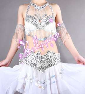 Belly Dance Costume 3Pics Bra&Belt Skirt Silver/White  