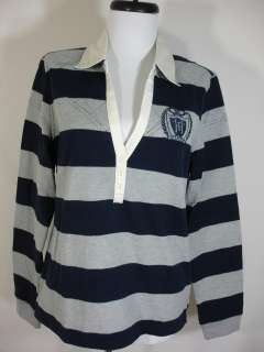 New Tommy Hilfiger Womens Rugby Polo Shirt Navy Gray Striped Crest 