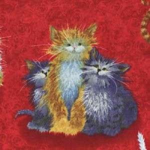 WHISKERS & TAILS FLUFFY CATS ON RED Cotton Quilt Fabric  