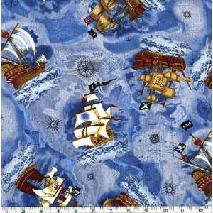  45 Wide Pirate Ships Blue Fabric By The Yard Arts 